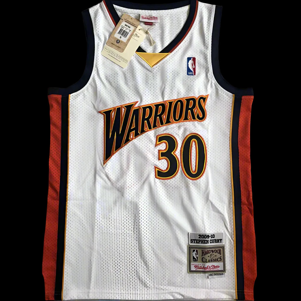 Basketball jersey with 'Warriors' and number '30' on a white background