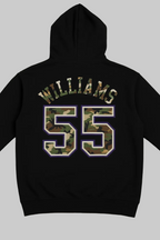 Black hoodie with 'Williams 55' in camouflage text on a brown background
