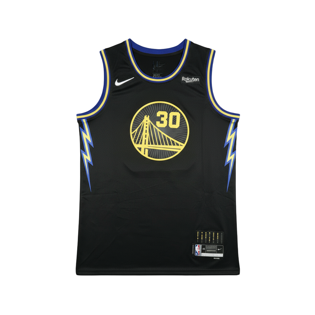 Black basketball jersey with yellow and blue details on a white background