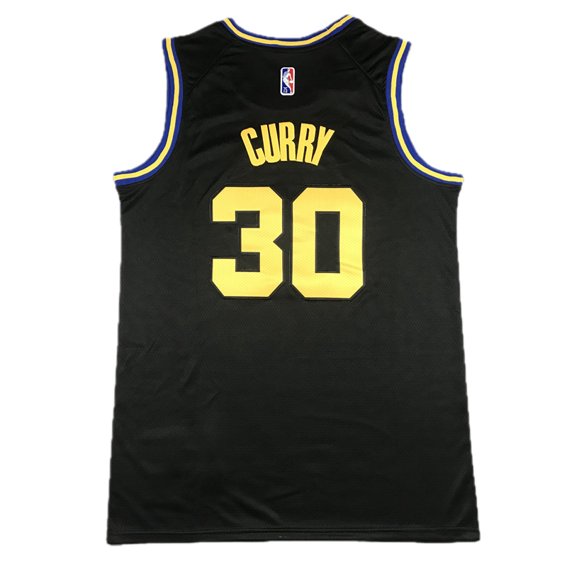 Black basketball jersey with yellow number 30 and name 'Curry', featuring NBA logo.