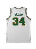 White basketball jersey with green and gold details, featuring the name 'Allen' and number '34'.