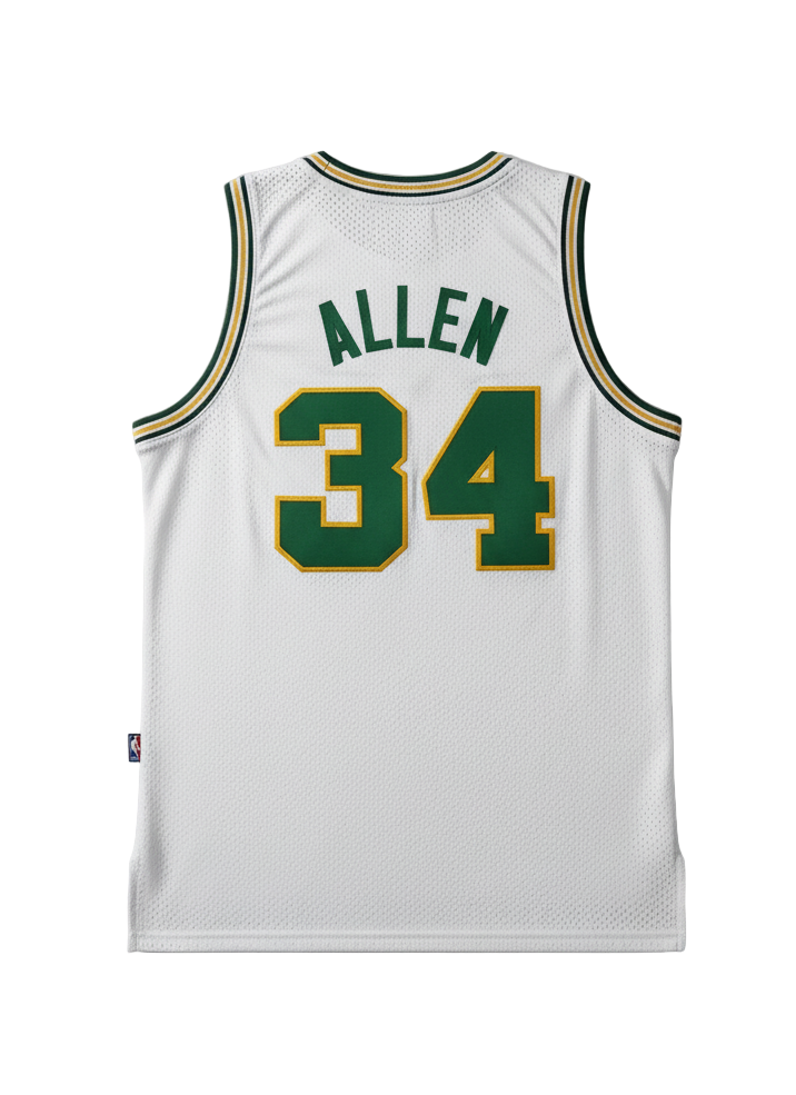 White basketball jersey with green and gold details, featuring the name 'Allen' and number '34'.