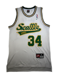 White basketball jersey with 'Seattle Sonics' and number '34' 