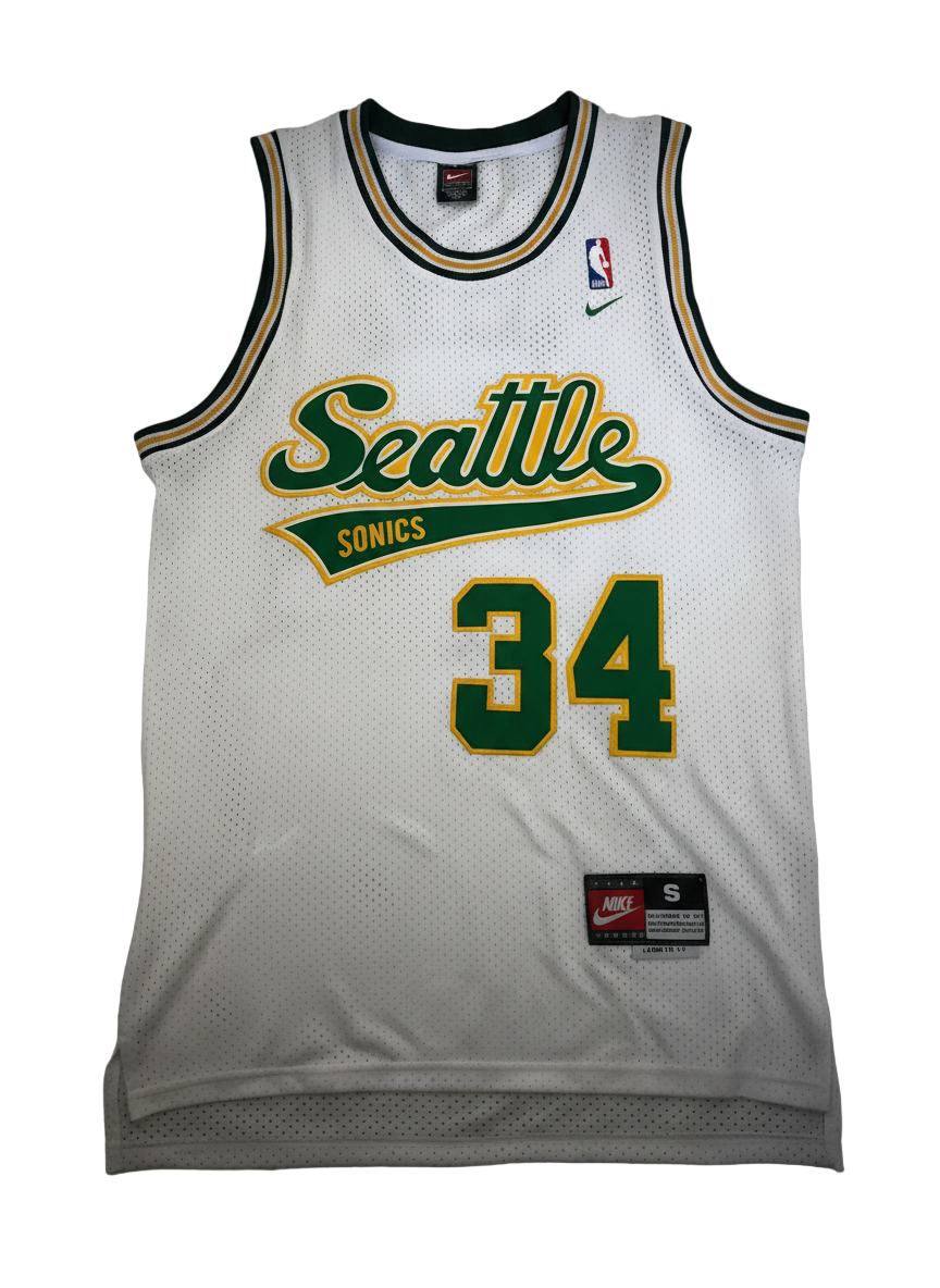 White basketball jersey with 'Seattle Sonics' and number '34' 